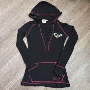 Roxy Womens Thermal Henley Hoodie Black Pink Waffle Knit Geometric Graphic Small